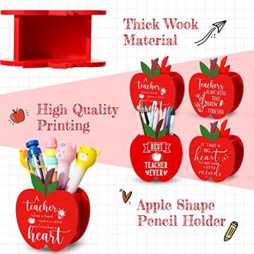 Fuutreo Apple Wooden Pencil Holder - 4 Pcs Set for Teachers