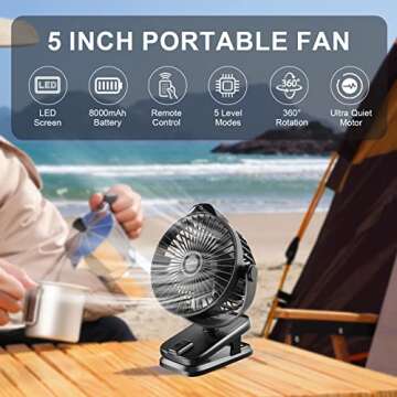 Small Clip on Fan with Remote Control | 8000mAh Battery | 5 Speeds | 5" Portable Rechargeable Mini D...