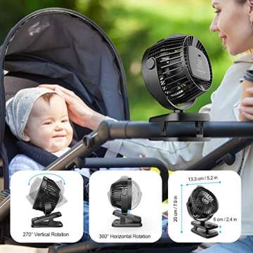 Small Clip on Fan with Remote Control | 8000mAh Battery | 5 Speeds | 5" Portable Rechargeable Mini Desk/Table Fan for Baby Stroller, Outdoor Camping, Tent, Desktop, Bedroom, Living Room, Office, Dorm