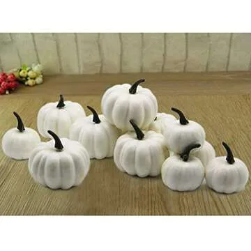 YOFIT 12 Pcs Thanksgiving Table Decorations Artificial Pumpkins, Fake Mini Plastic Pumpkins, Lifelike Simulation Foam Pumpkins Set Friendgiving Tabletop Decorations (White)