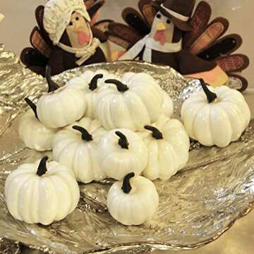 YOFIT 12 Pcs Thanksgiving Table Decorations Artificial Pumpkins, Fake Mini Plastic Pumpkins, Lifelike Simulation Foam Pumpkins Set Friendgiving Tabletop Decorations (White)
