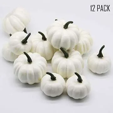 YOFIT 12 Pcs Thanksgiving Table Decorations Artificial Pumpkins, Fake Mini Plastic Pumpkins, Lifelike Simulation Foam Pumpkins Set Friendgiving Tabletop Decorations (White)