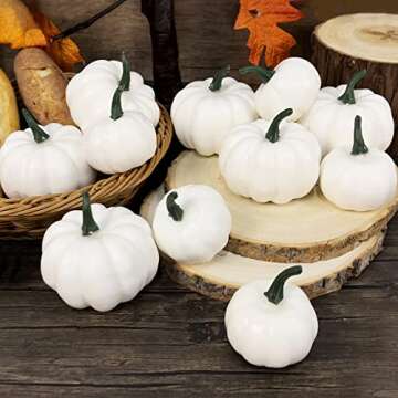 YOFIT 12 Pcs Thanksgiving Table Decorations Artificial Pumpkins, Fake Mini Plastic Pumpkins, Lifelike Simulation Foam Pumpkins Set Friendgiving Tabletop Decorations (White)