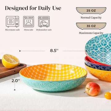 DOWAN 8.5" Vibrant Pasta, Salad & Soup Serving Bowls Set of 4, Large Porcelain Ceramic, Microwave, O...