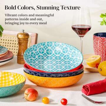 DOWAN 8.5" Vibrant Pasta, Salad & Soup Serving Bowls Set of 4, Large Porcelain Ceramic, Microwave, Oven & Dishwasher Safe, Bonita Design Perfect for Daily Dining, Family Gatherings, Parties & Gifts