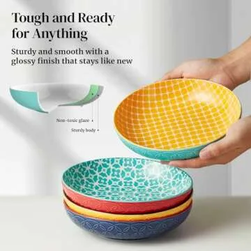 DOWAN 8.5" Vibrant Pasta, Salad & Soup Serving Bowls Set of 4, Large Porcelain Ceramic, Microwave, Oven & Dishwasher Safe, Bonita Design Perfect for Daily Dining, Family Gatherings, Parties & Gifts