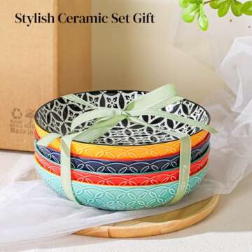 DOWAN 8.5" Vibrant Pasta, Salad & Soup Serving Bowls Set of 4, Large Porcelain Ceramic, Microwave, Oven & Dishwasher Safe, Bonita Design Perfect for Daily Dining, Family Gatherings, Parties & Gifts