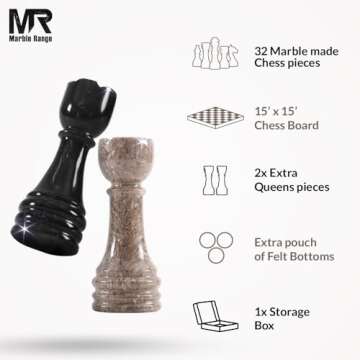 Marble Chess Set 15" Inches Oceanic & Black Handmade Chess Sets for Adults - Marble Board Game for Family with Storage Box & 2 Extra Queen, Ideal Travel Chess Set & Home Décor