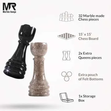 Marble Chess Set 15" Inches Oceanic & Black Handmade Chess Sets for Adults - Marble Board Game for Family with Storage Box & 2 Extra Queen, Ideal Travel Chess Set & Home Décor