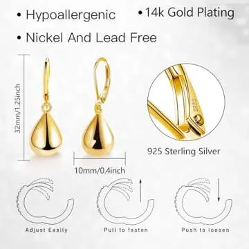 Elegant Teardrop Leverback Earrings 14K Gold Plated Hypoallergenic