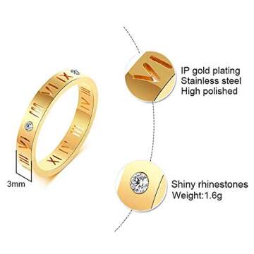 Nanafast Openwork Roman Numerals Ring for Women Men of Stainless Steel & CZ Setting Gold 6