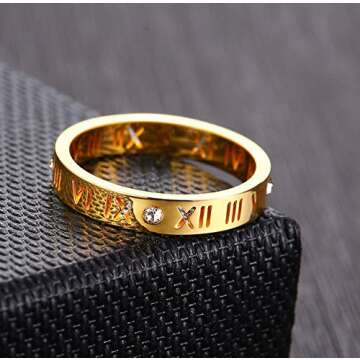 Nanafast Openwork Roman Numerals Ring for Women Men of Stainless Steel & CZ Setting Gold 6