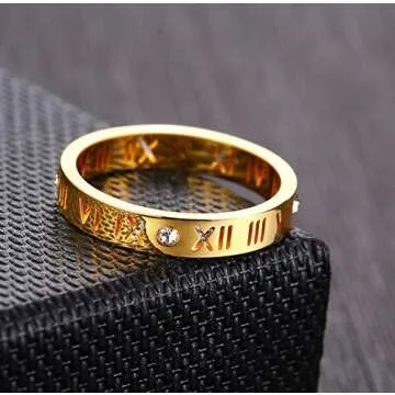 Nanafast Openwork Roman Numerals Ring for Women Men of Stainless Steel & CZ Setting Gold 6