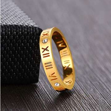 Nanafast Openwork Roman Numerals Ring for Women Men of Stainless Steel & CZ Setting Gold 6