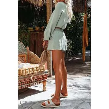 BZB Women's Lounge Sets Button V Neck Long Sleeve Top and High Waist Shorts 21 Piece Pajama Suit Casual Sweatsuit Outfits Green