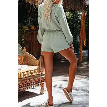 BZB Women's Lounge Sets Button V Neck Long Sleeve Top and High Waist Shorts 21 Piece Pajama Suit Casual Sweatsuit Outfits Green