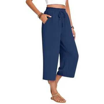 Anyhold Womens Capri Pants - High Waisted Wide Leg Casual Trousers with Pockets in Navy