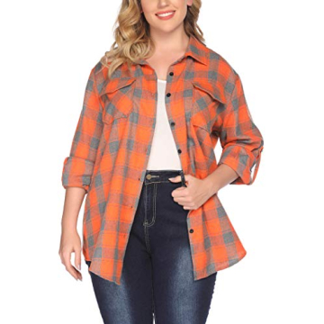 IN'VOLAND Womens Plus Size Flannel Plaid Shirt Roll Up Long Sleeve Mid-Long Button Down Shirts Casua...