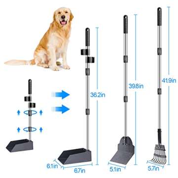 TNELTUEB Dog Pooper Scooper Set, 3 Pack Adjustable 49.1 Inches Long Handle Metal Tray, Rake and Spade Poop Scoop for Waste Removal, No Bending Clean Up for Large and Small Dog