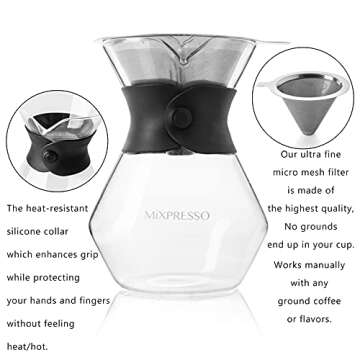 Mixpresso Pour Over Coffee Maker Set Glass Carafe Borosilicate White Protective Silicone Sleeve, Pour Over Coffee Dripper Brewer With Double-layer Stainless Steel Filter 13.5 Oz