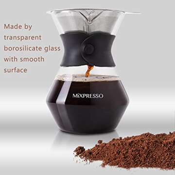 Mixpresso Pour Over Coffee Maker Set Glass Carafe Borosilicate White Protective Silicone Sleeve, Pour Over Coffee Dripper Brewer With Double-layer Stainless Steel Filter 13.5 Oz