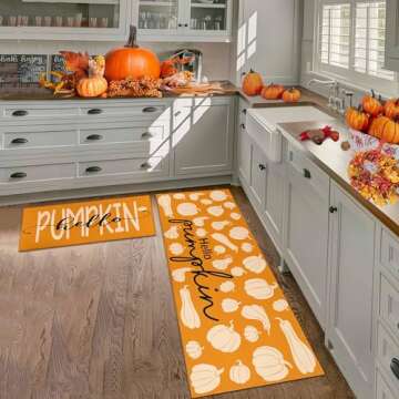 Fall Kitchen Rugs, Fall Decorations for Home Pumpkin Mats Set of 2- Non-Slip Autumn Floor Mat- Fall Decor for Home Harvest Thanksgiving Decor Holiday Runner Rug 17"x47.2"+17"x30"