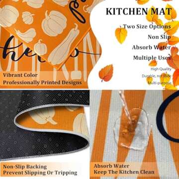 Fall Kitchen Rugs, Fall Decorations for Home Pumpkin Mats Set of 2- Non-Slip Autumn Floor Mat- Fall Decor for Home Harvest Thanksgiving Decor Holiday Runner Rug 17"x47.2"+17"x30"