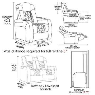 Weilianda Home Theater Seating Top Grain Leather Recliner Chair Power Headrest and Recline Movie Seats Gaming Sofa with Tray Table Type-C USB Charge Cup Holders Row of 2 Loveseat Black