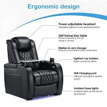 Weilianda Home Theater Seating Top Grain Leather Recliner Chair Power Headrest and Recline Movie Seats Gaming Sofa with Tray Table Type-C USB Charge Cup Holders Row of 2 Loveseat Black