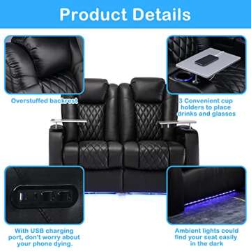 Weilianda Home Theater Seating Top Grain Leather Recliner Chair Power Headrest and Recline Movie Seats Gaming Sofa with Tray Table Type-C USB Charge Cup Holders Row of 2 Loveseat Black