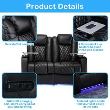 Weilianda Home Theater Seating Top Grain Leather Recliner Chair Power Headrest and Recline Movie Seats Gaming Sofa with Tray Table Type-C USB Charge Cup Holders Row of 2 Loveseat Black