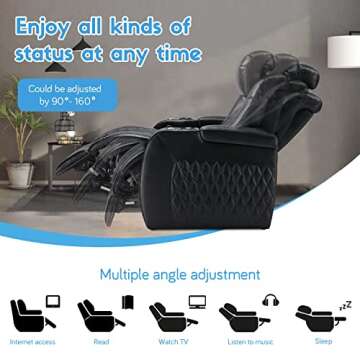 Weilianda Home Theater Seating Top Grain Leather Recliner Chair Power Headrest and Recline Movie Seats Gaming Sofa with Tray Table Type-C USB Charge Cup Holders Row of 2 Loveseat Black