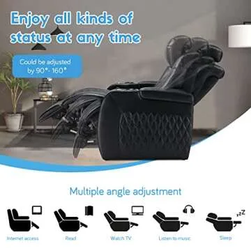 Weilianda Home Theater Seating Top Grain Leather Recliner Chair Power Headrest and Recline Movie Seats Gaming Sofa with Tray Table Type-C USB Charge Cup Holders Row of 2 Loveseat Black