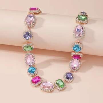 BOTIDE Bridal Wedding Multi-colored Gemstone Crystal Choker Necklace Heavy Chunky Color Necklace Geometric Gem Stone Rhinestone Statement Necklace (Colorful)