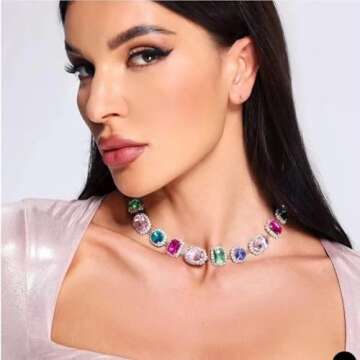 BOTIDE Bridal Wedding Multi-colored Gemstone Crystal Choker Necklace Heavy Chunky Color Necklace Geometric Gem Stone Rhinestone Statement Necklace (Colorful)