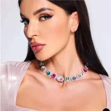 BOTIDE Bridal Wedding Multi-colored Gemstone Crystal Choker Necklace Heavy Chunky Color Necklace Geometric Gem Stone Rhinestone Statement Necklace (Colorful)