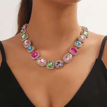 BOTIDE Bridal Wedding Multi-colored Gemstone Crystal Choker Necklace Heavy Chunky Color Necklace Geometric Gem Stone Rhinestone Statement Necklace (Colorful)
