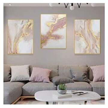 3 Piece Framed Canvas Wall Art Pink Gold Abstract Painting Water Flow Shape Modern Home Decor Ready ...