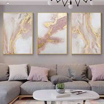 3 Piece Framed Canvas Wall Art Pink Gold Abstract Painting Water Flow Shape Modern Home Decor Ready to Hang 24x48 inches