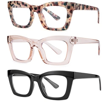 bullabulling 3 pack Oprah style Spring hinge Readers Blue Light Blocking Computer Square Reading Gla...