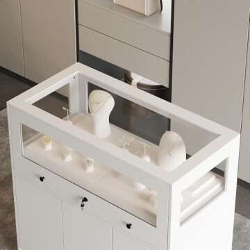 Hitow Display Cabinet Island with Glass Top and Front, Walk in Closet Organizer with Lockable Drawer and Shelves, Shop Display Case, Walk in Wardrobe Furniture, Living Room Storage, White