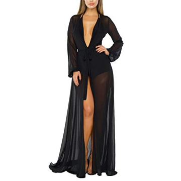 Sovoyontee Women's Black Sexy Mesh Long Sleeve Swimsuit Swim Bathing Beach Cover Up Dress S