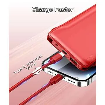 TG90° Portable Charger 10000mah Cell Phone Battery Backup, Ultra Slim Power Bank with Built in Lightning and USB-C Cable, Portable Phone Charger Battery Packs Compatible with iPhone Android Phones