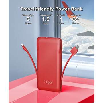 TG90° Portable Charger 10000mah Cell Phone Battery Backup, Ultra Slim Power Bank with Built in Lightning and USB-C Cable, Portable Phone Charger Battery Packs Compatible with iPhone Android Phones