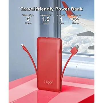 TG90° Portable Charger 10000mah Cell Phone Battery Backup, Ultra Slim Power Bank with Built in Lightning and USB-C Cable, Portable Phone Charger Battery Packs Compatible with iPhone Android Phones