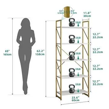 YITAHOME 5 Tiers Gold Bookshelf, Modern Bookshelf, Storage Shelves in Living Room/Home/Office, Books...