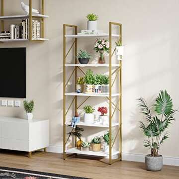 YITAHOME 5 Tiers Gold Bookshelf, Modern Bookshelf, Storage Shelves in Living Room/Home/Office, Books Holder Organizer for Movies, Gold