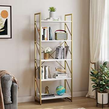 YITAHOME 5 Tiers Gold Bookshelf, Modern Bookshelf, Storage Shelves in Living Room/Home/Office, Books Holder Organizer for Movies, Gold