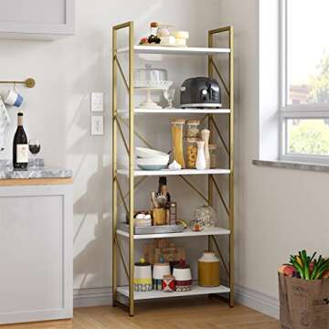 YITAHOME 5 Tiers Gold Bookshelf, Modern Bookshelf, Storage Shelves in Living Room/Home/Office, Books Holder Organizer for Movies, Gold