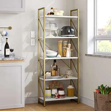 YITAHOME 5 Tiers Gold Bookshelf, Modern Bookshelf, Storage Shelves in Living Room/Home/Office, Books Holder Organizer for Movies, Gold